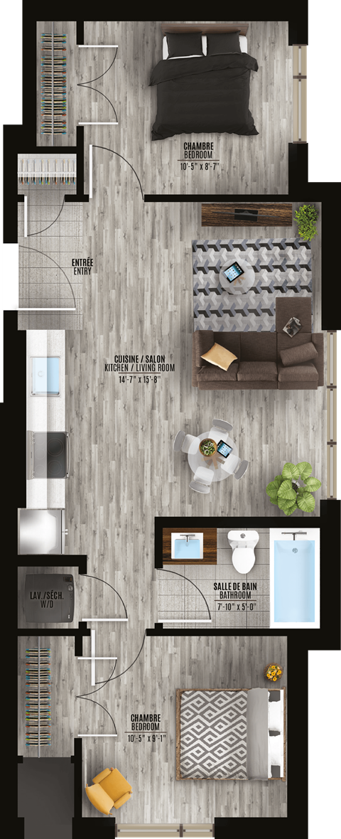 Floor plan for 2 beds, 1 bath, 743 sqft